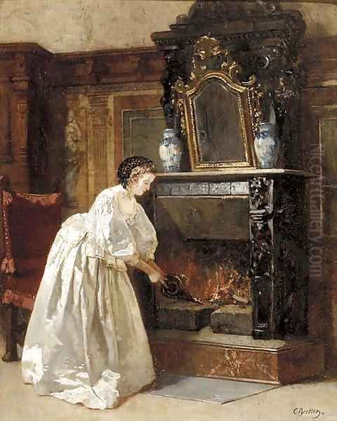 Tending to the fire Oil Painting by Carl Ludwig Friedrich Becker