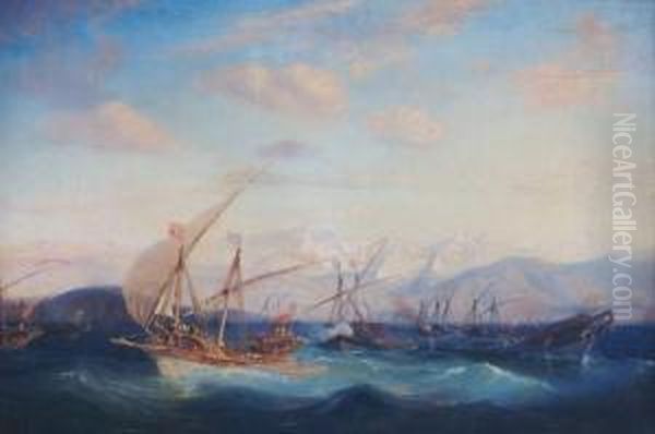 Battle At Sea Oil Painting by Jean Antoine Theodore Baron Gudin