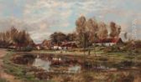 Cottages By A Pond In A Valley Oil Painting by Theodore Baron