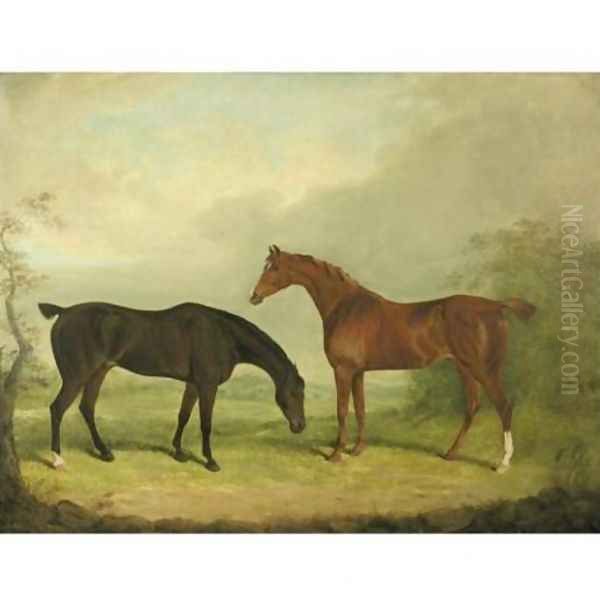 Two horses in a landscape Oil Painting by James Barenger