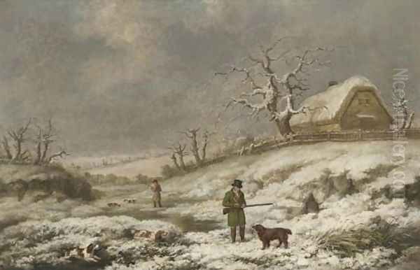 Snipe shooting in a winter landscape 1821 Oil Painting by James Barenger