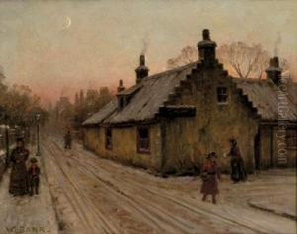 Moonlit Street Scene, Winter Oil Painting by William Barr