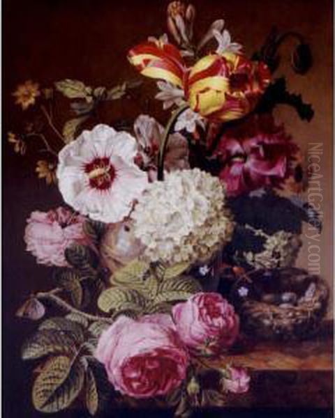 Still Life Of Flowers In A Vase And A Bird's Nest Resting On A Marble Ledge Oil Painting by Jacques Barraband