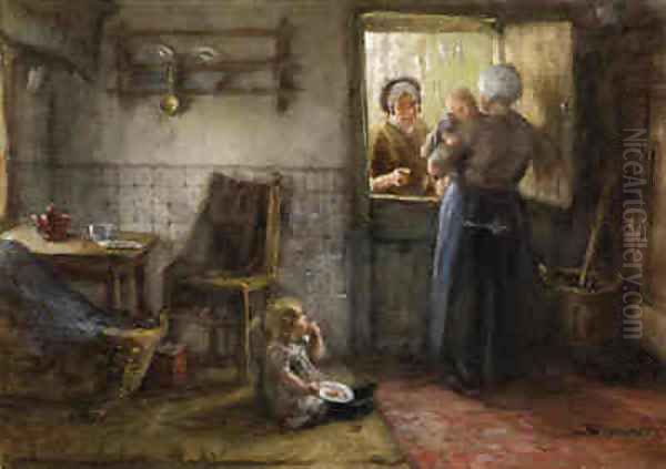 A Visitor at the Kitchen Door Oil Painting by Bernardus Johannes Blommers