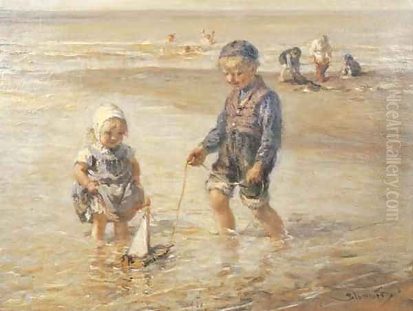 Playing in the surf Oil Painting by Bernardus Johannes Blommers