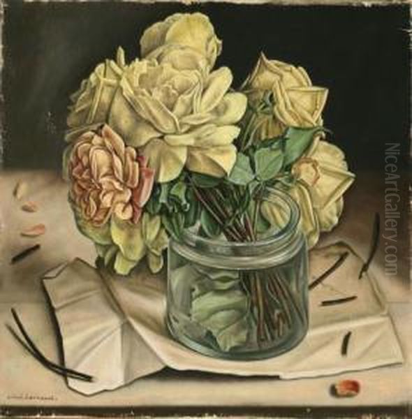 Still Life Of Roses In A Glass Jar Oil Painting by Aime Barraud