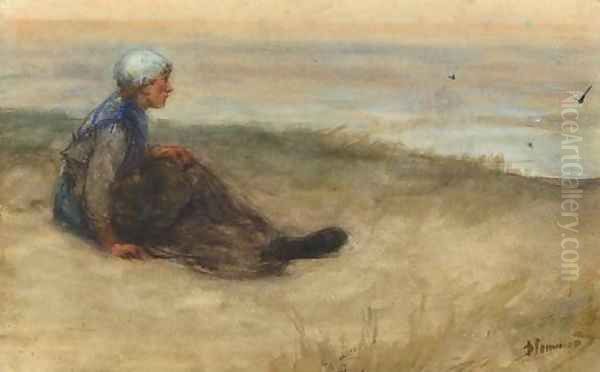 A fisherwoman in the dunes looking out over sea Oil Painting by Bernardus Johannes Blommers