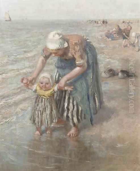 First steps in the surf Oil Painting by Bernardus Johannes Blommers