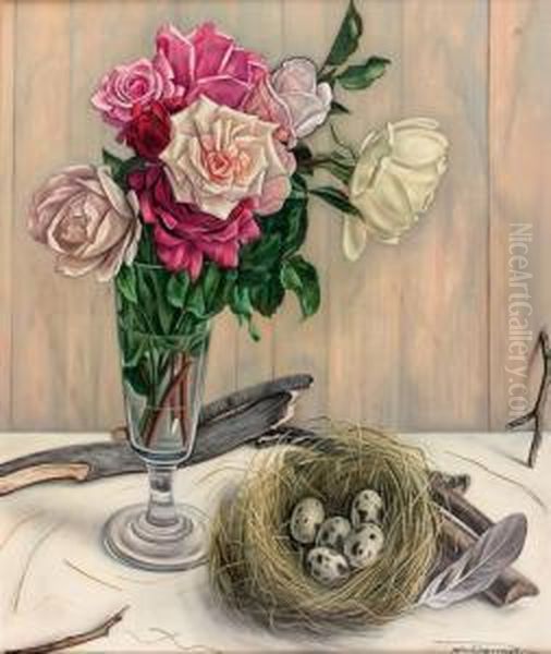 Nature Morte Au Bouquet De Roses Et Au Nid D'oiseau. Oil Painting by Aime Barraud