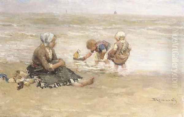 Pootje baden children playing on the beach Oil Painting by Bernardus Johannes Blommers