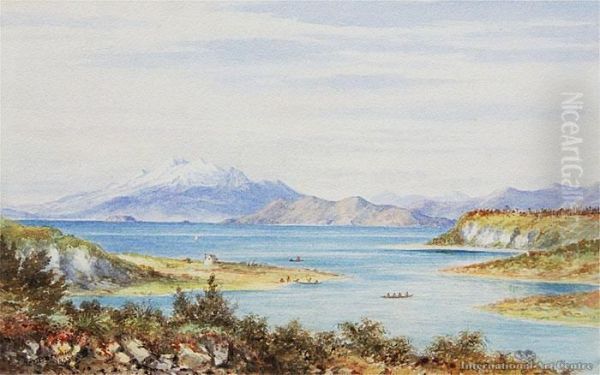 Lake Taupo With Maori Village And Waka Oil Painting by Charles Decimus Barraud