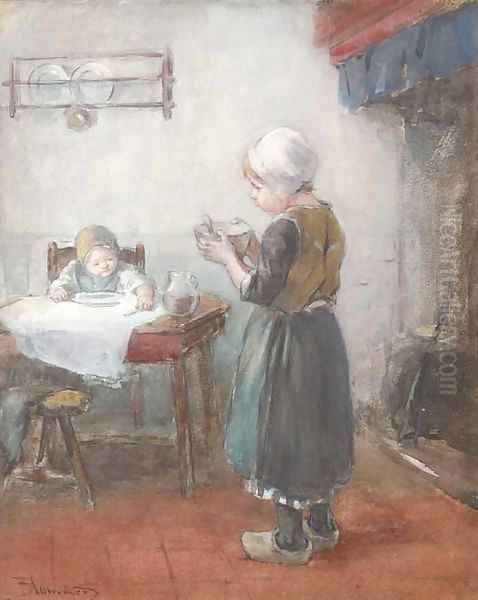 Breakfast time Oil Painting by Bernardus Johannes Blommers