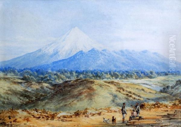 Mt Egmont With Military Officers Foreground Oil Painting by Charles Decimus Barraud