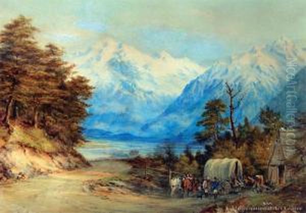 Settlers, West Coast Road Through The Upperwaimakariri Valley Oil Painting by Charles Decimus Barraud