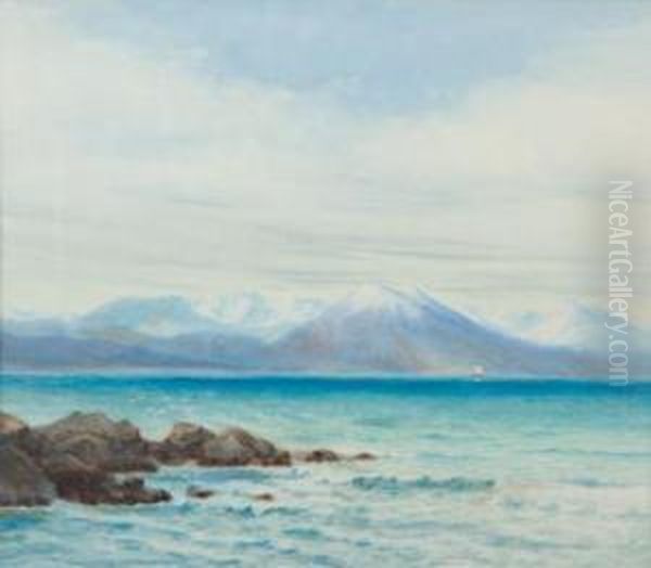 Seascape With Mountains Oil Painting by Charles Decimus Barraud