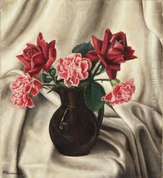 Blumen Stillleben Mit Roten Rosen Und Nelken Oil Painting by Francois Emile Barraud