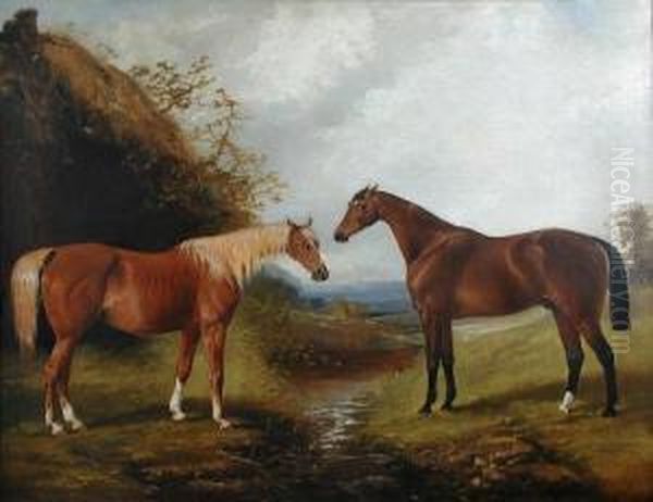 A Chestnuthunter And A Dark Bay Hunter In A Landscape By A Brook Oil Painting by Henry Barraud