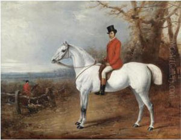 A Gentleman On A Grey Hunter By A Copse Oil Painting by Henry Barraud