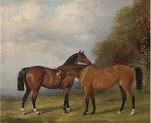 Two Bay Hunters In An Extensive Landscape Oil Painting by Henry Barraud