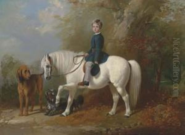 Master Beresford Lowndes On His Pony With Two Dogs At The Edge Of Awood Oil Painting by Henry Barraud