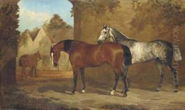 A Bay And A Grey Hunter In A Courtyard, With A Groom Leadinganother Horse To A Stable by Henry Barraud