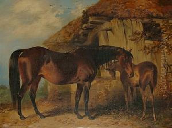 A Bay Mare With A Foal Before A Stable Oil Painting by Henry Barraud