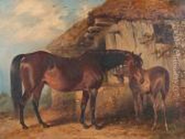 A Mare And Foal Outside A Barn Oil Painting by Henry Barraud