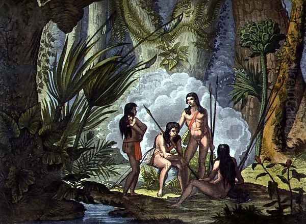 Camacani Tribesmen in Woodland in the Amazon jungle, Brazil, from 'Le Costume Ancien et Moderne', Volume I, plate 53 , 1820-30s Oil Painting by D.K. Bonatti