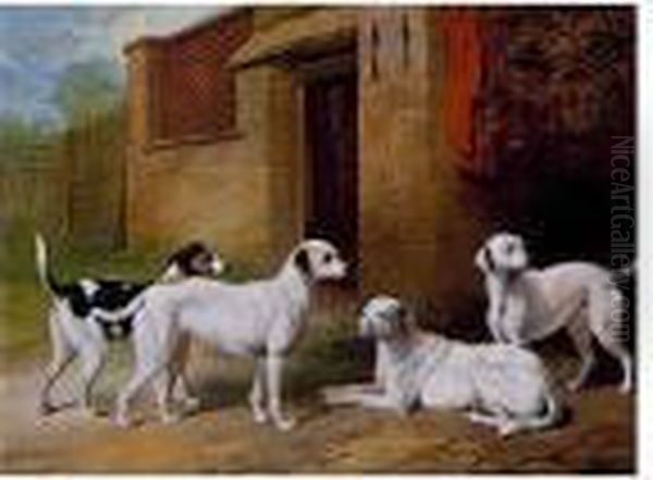 Hounds Outside A Kennel Oil Painting by Henry Barraud