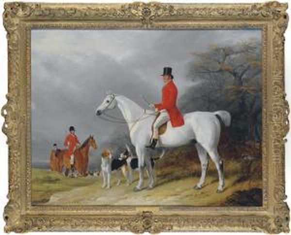 Thomas Tyrwhitt-drake, Master Of
 The Bicester And Warden Hillfoxhounds, On His Favorite Hunter 
Patchwork, With Drake's Duster,his Favorite Foxhound Oil Painting by William Barraud