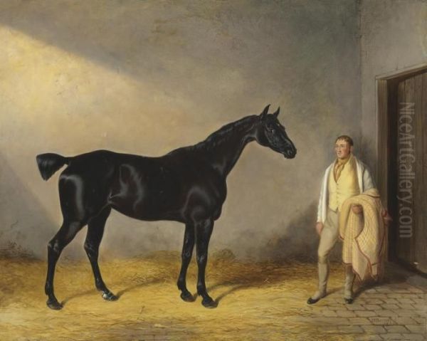 A Dark Bay Hunter With A Groom In A Stable Oil Painting by William Barraud