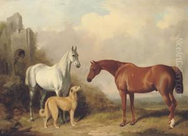 Two Hunters And A Deerhound, In A Landscape With Ruins Oil Painting by William Barraud