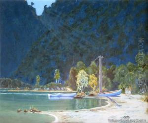 Lake Tikitapu (blue Lake, Near Rotorua) Oil Painting by William Barraud