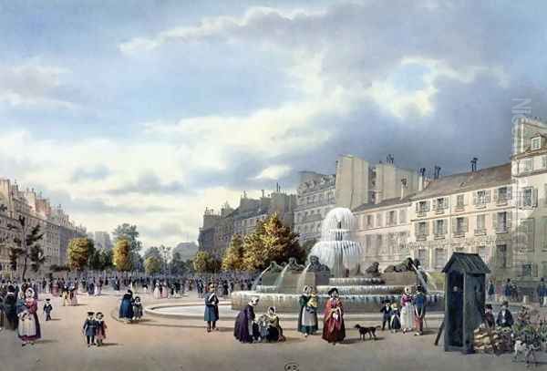 The Fountain of the Boulevard St. Martin, from 'Vue de Paris', c.1840 Oil Painting by Philippe Benoist