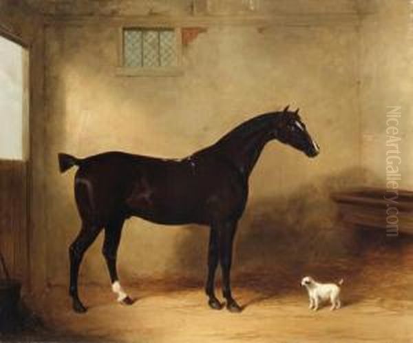 A Bay Hunter And Dog In A Stable Oil Painting by William Barraud