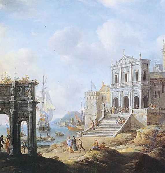 A Capriccio of an Italianate Harbour capriccio with the Arch of Constantine and a Church with Figures and shipping beyond 1663 Oil Painting by Jan Abrahamsz. Beerstraten