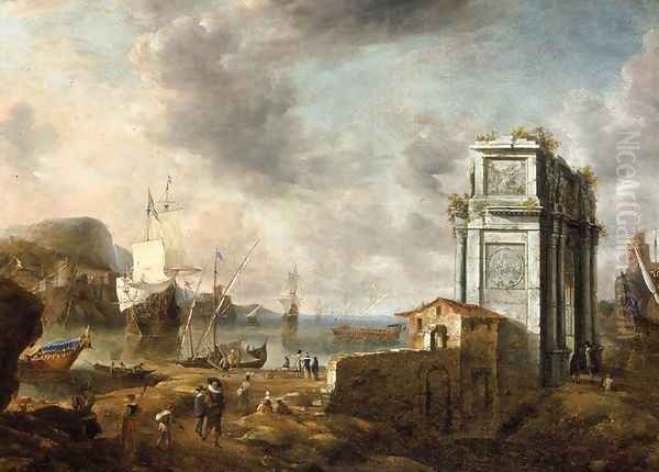 Capriccio of a Mediterranean Harbour Oil Painting by Jan Abrahamsz. Beerstraten