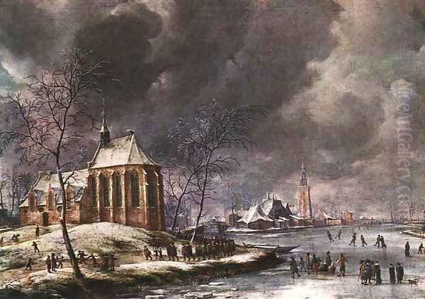 Village of Nieukoop in Winter with Child Funeral Oil Painting by Jan Abrahamsz. Beerstraten