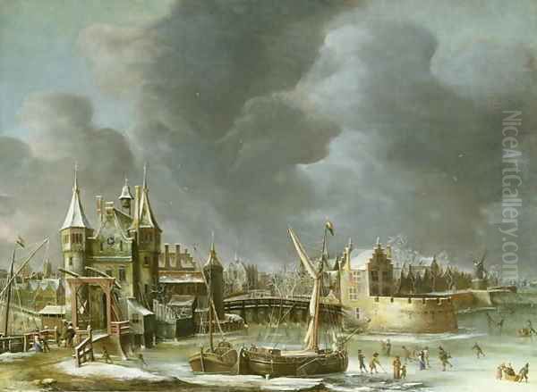 A View of the Regulierspoort Amsterdam in winter Oil Painting by Jan Abrahamsz. Beerstraten