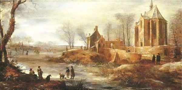 A winter landscape with figures skating on a frozen river by a church Oil Painting by Jan Abrahamsz. Beerstraten