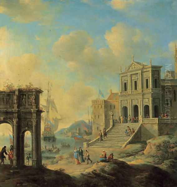 A capriccio of an Italianate harbour capriccio with the Arch of Constantine and a church with figures, shipping beyond Oil Painting by Jan Abrahamsz. Beerstraten