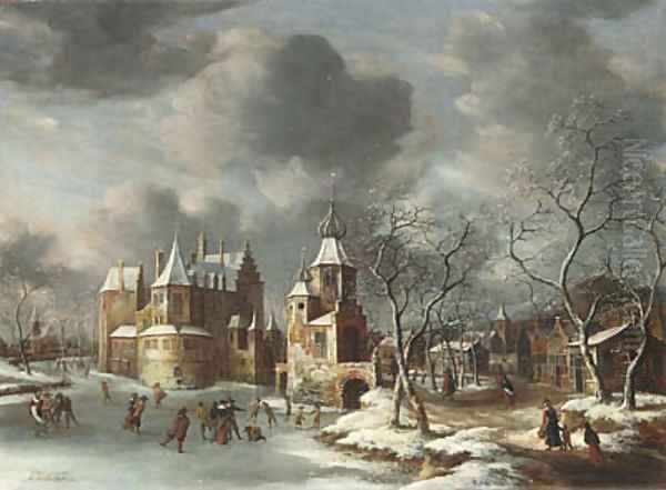 A village in winter with figures skating on a frozen river Oil Painting by Jan Abrahamsz. Beerstraten