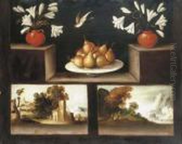 Two Vases Of White Lilies, Pears
 In A Porcelain Dish And Twolandscape Paintings On A Stone Ledge Oil Painting by Francisco Barrera