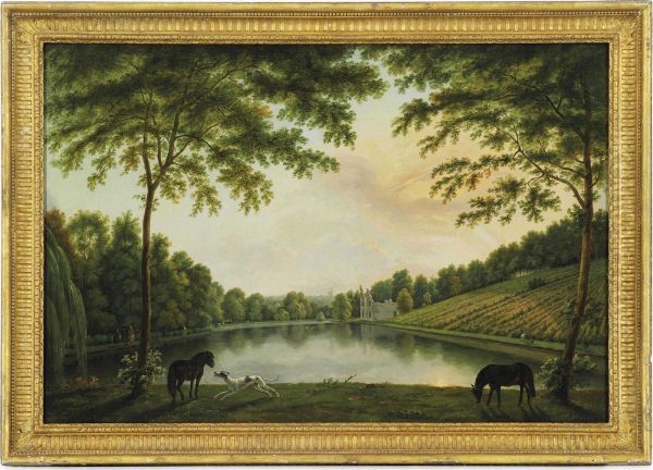 View Of Lord Hamilton's 
Landscape Garden At Painshill, Surrey,from The East End Of The Lake With
 The Vineyard And Ruined Abbey Oil Painting by George Cuitt