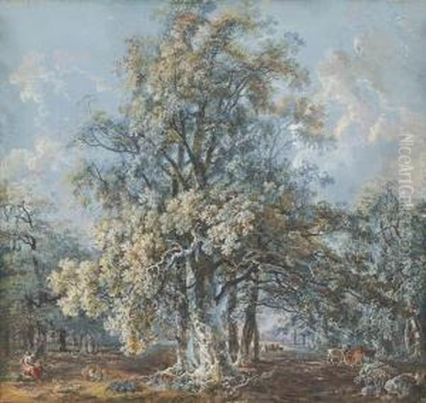 A Mother And Children Resting 
Beneath A Large Beech Tree, Deergrazing Beyond, Possibly In Norbury Park Oil Painting by George Cuitt