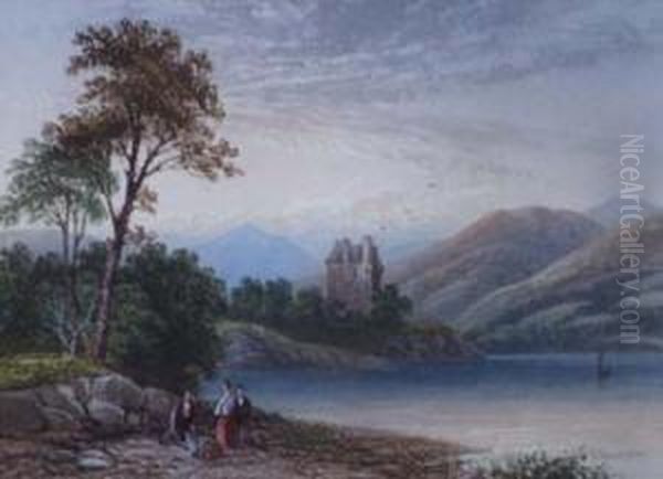 Loch Scene With Figures And Castle Beyond Oil Painting by George Cuitt