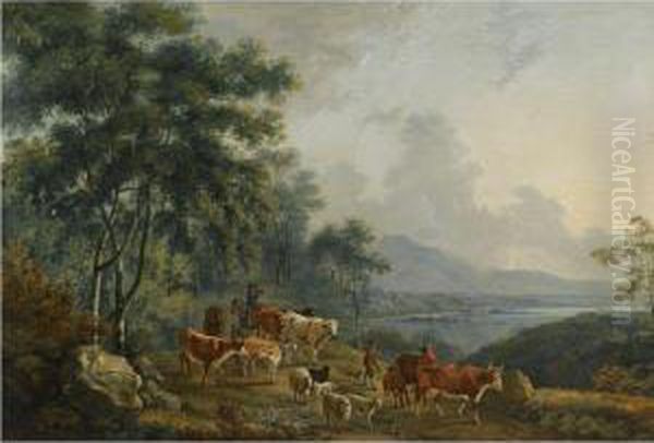 Landscape With Livestock And Herdsmen By A Lake Oil Painting by George Cuitt