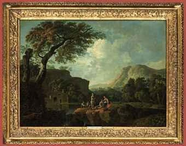 An Italianate River Landscape With An Angling Party, Mountains Beyond Oil Painting by George Cuitt