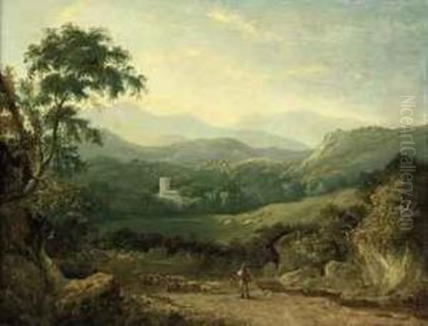 A Mountainous Landscape Near 
Porthmadog, With A Shepherd, His Flockand A Collie In A Lane, A 
Traveller In The Distance, Cows In A Daleand The Village Beyond Oil Painting by George Cuitt