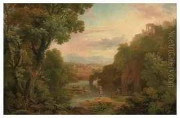 A Classical Landscape With 
Fishermen And A Washerwoman, A Hilltopvilla And Mountains Beyond Oil Painting by George Cuitt